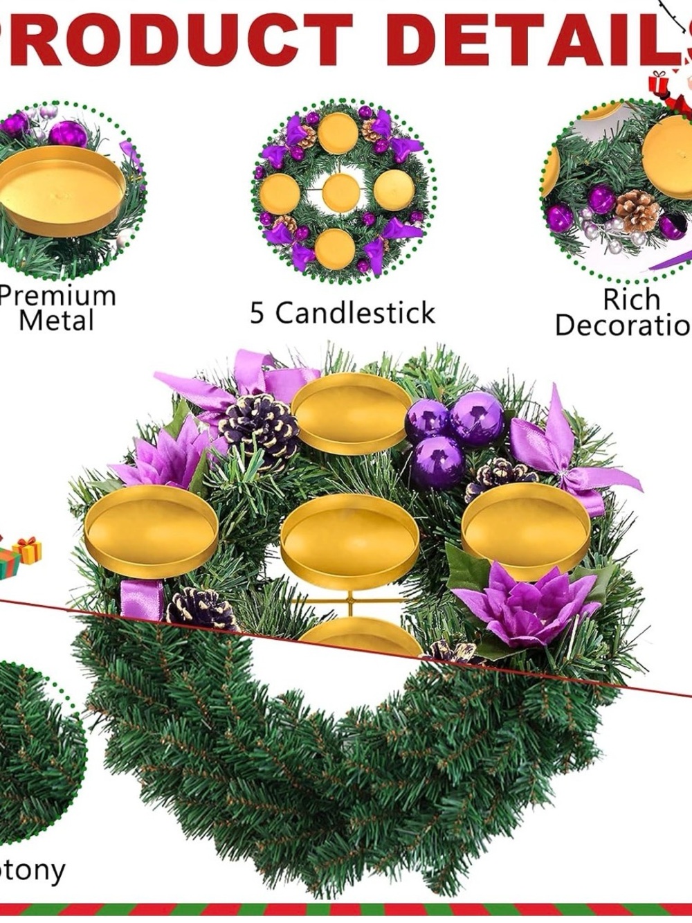 Gold and Purple Holiday Candle Wreath - Home Holiday